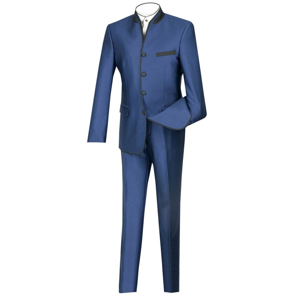Men’s Slim Fit Banded-Collar Sharkskin Suit - Blue